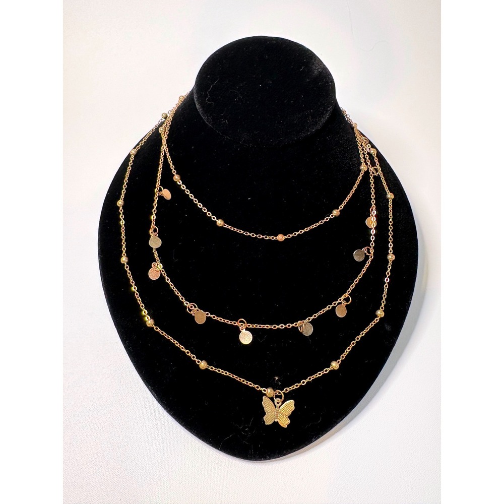 Gold Tone Layered Butterfly Disc Charm Multi Strand Necklace Boho Whimsical